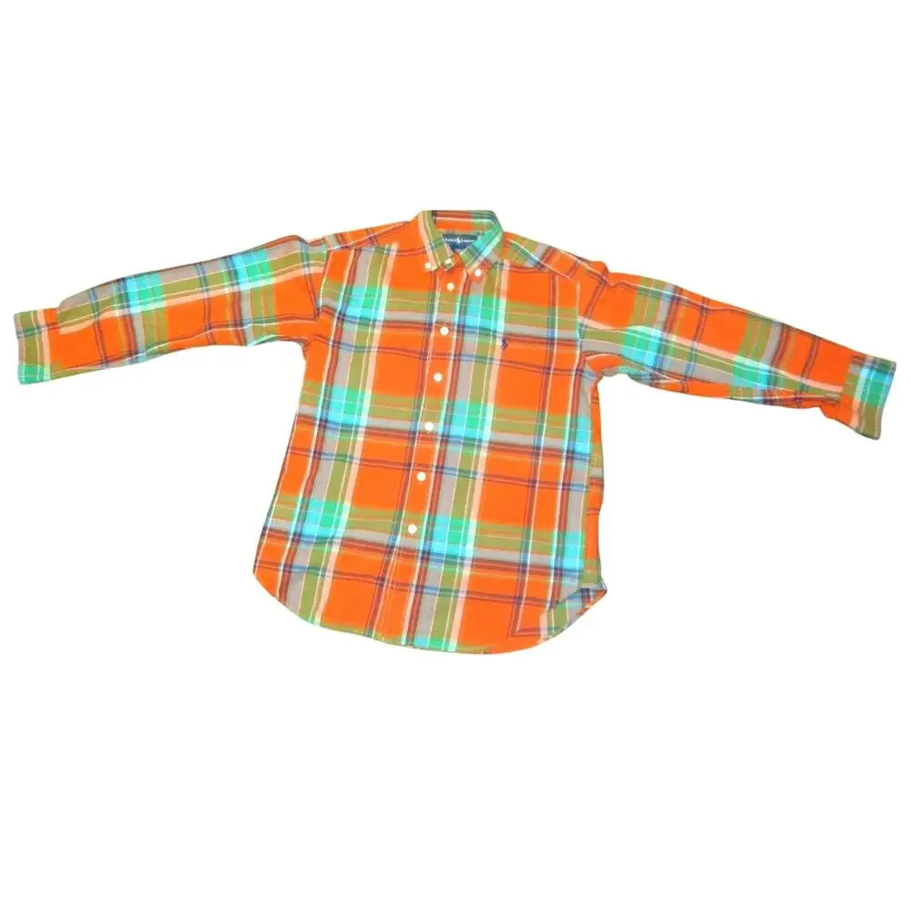 Ralph Lauren Boys Bright Plaid Button Down Shirt Orange Green Blue Size Small 8